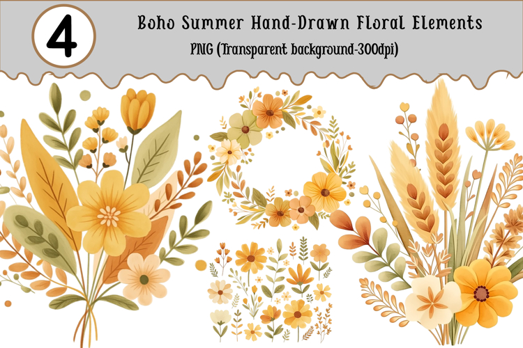 Boho Summer Hand-Drawn Floral Elements example image 1
