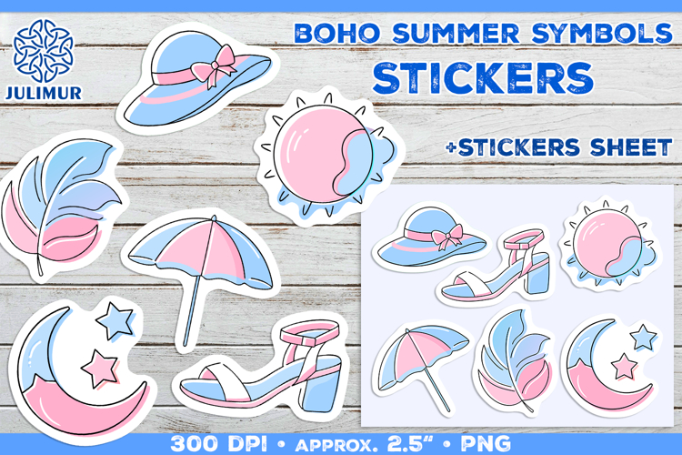 Boho Summer Essentials Symbols. Minimalist PNG Stickers