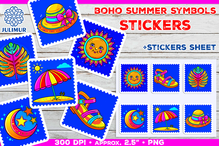 Boho Summer Essentials Symbols. Minimalist PNG Stickers