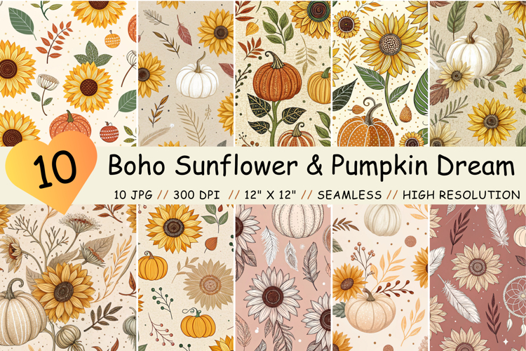 Boho Sunflower & Pumpkin Dream Seamless Pattern