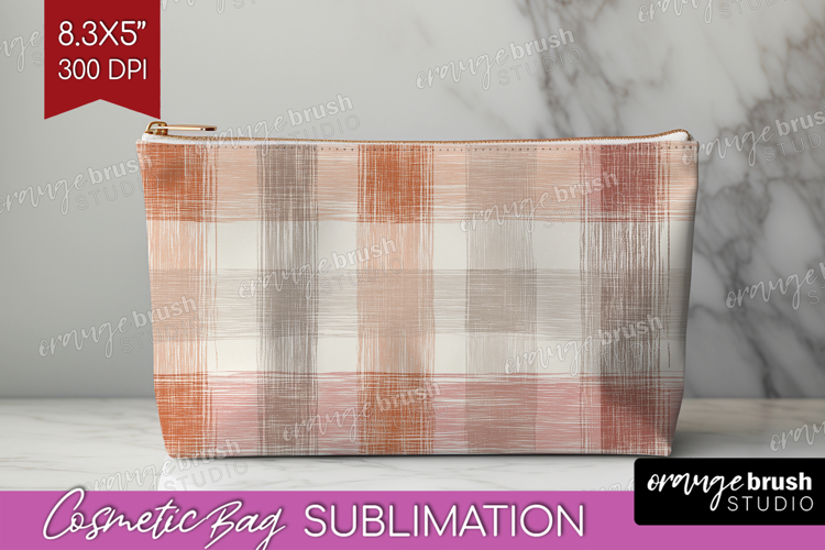 Boho Plaid Cosmetic Bag - Beige Tartan Makeup Bag PNG