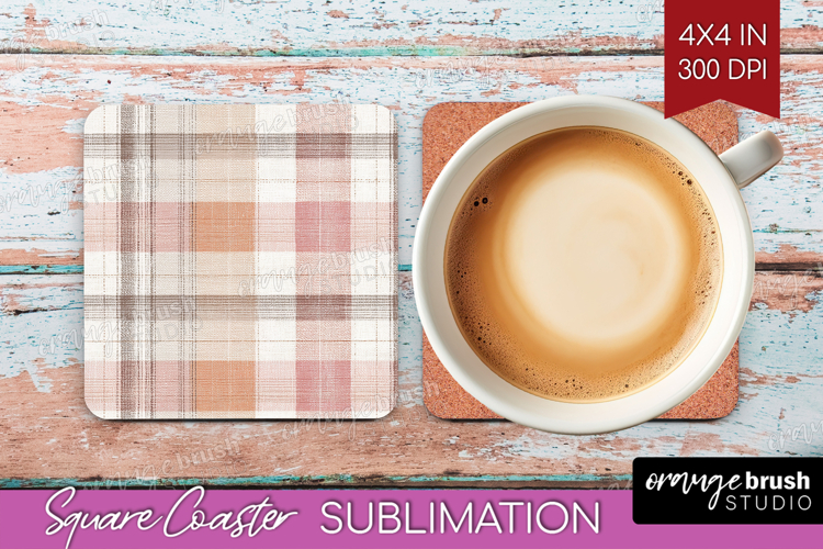 Boho Plaid Square Coaster - Beige Tartan Coaster PNG