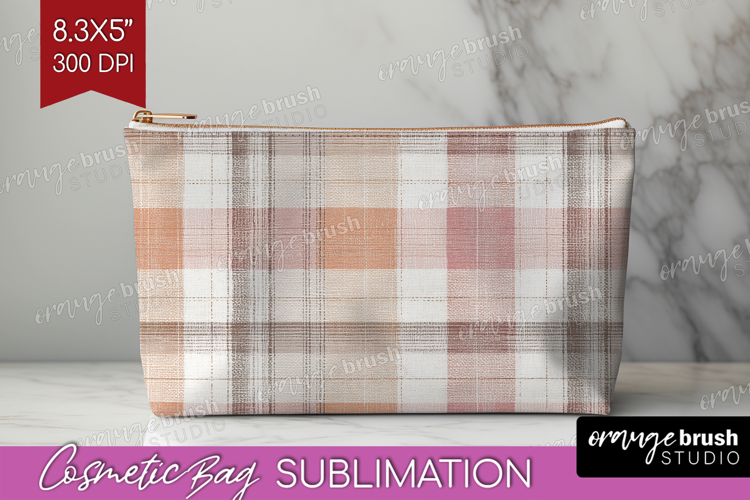 Boho Plaid Cosmetic Bag - Beige Tartan Makeup Bag PNG