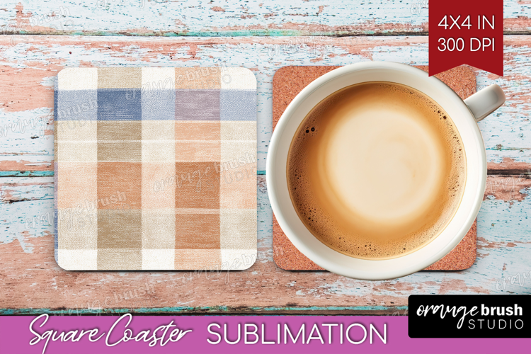 Boho Plaid Square Coaster - Beige Tartan Coaster PNG