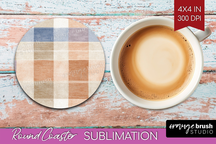Boho Plaid Round Coaster - Beige Tartan Coaster PNG