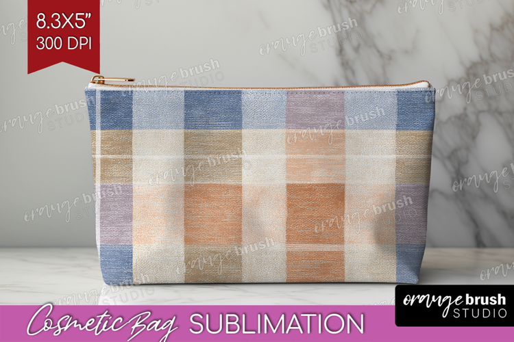 Boho Plaid Cosmetic Bag - Beige Tartan Makeup Bag PNG