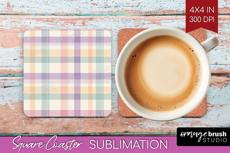 Boho Plaid Square Coaster - Beige Tartan Coaster PNG