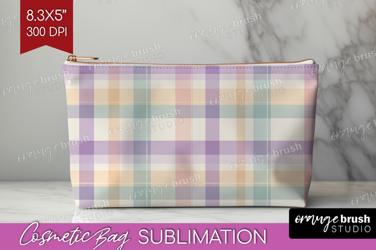 Boho Plaid Cosmetic Bag - Beige Tartan Makeup Bag PNG