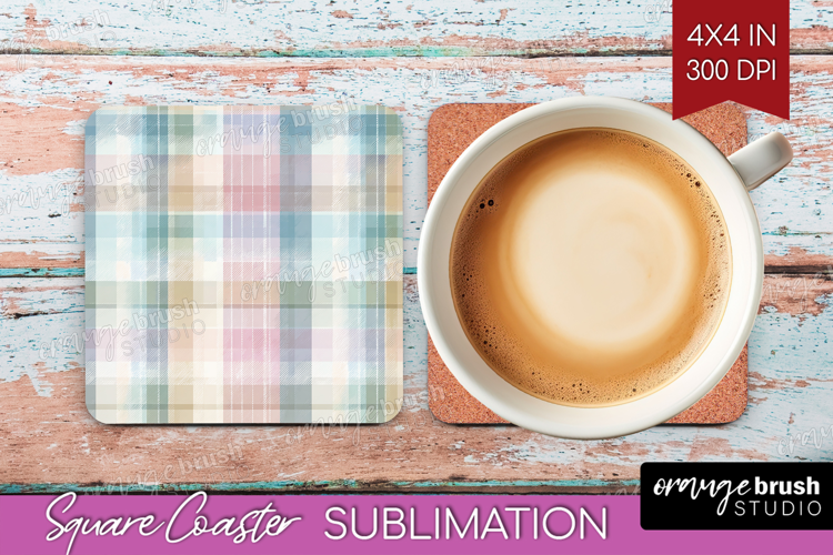 Boho Plaid Square Coaster - Beige Tartan Coaster PNG