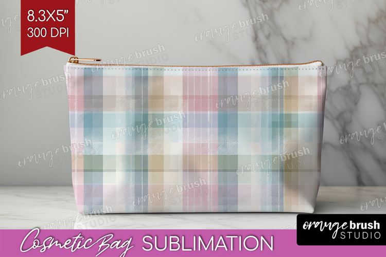 Boho Plaid Cosmetic Bag - Beige Tartan Makeup Bag PNG