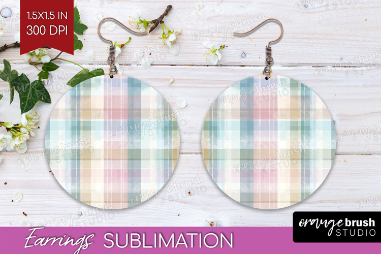 Boho Plaid Round Earrings - Beige Tartan PNG Sublimation
