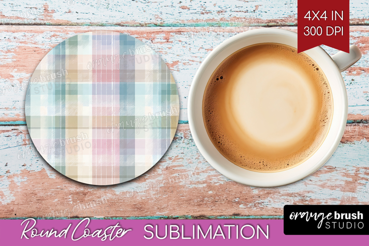 Boho Plaid Round Coaster - Beige Tartan Coaster PNG