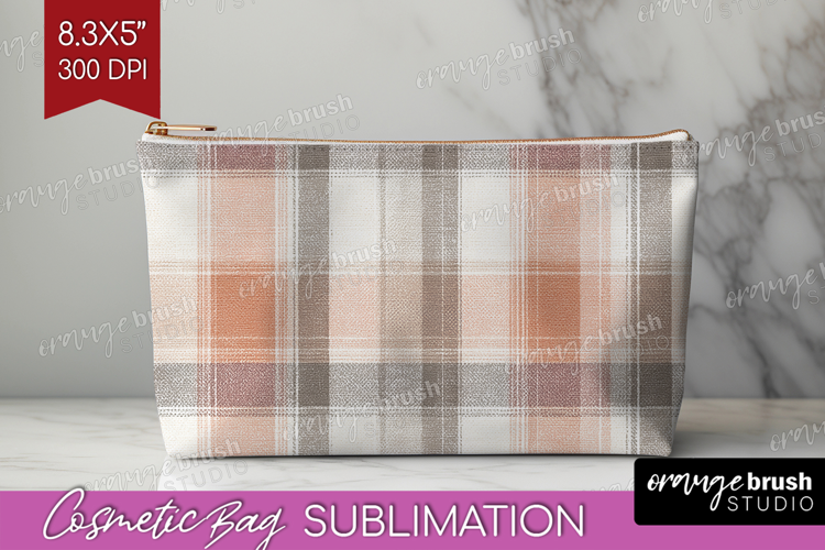 Boho Plaid Cosmetic Bag - Beige Tartan Makeup Bag PNG