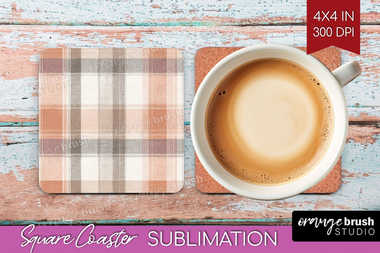 Boho Plaid Square Coaster - Beige Tartan Coaster PNG
