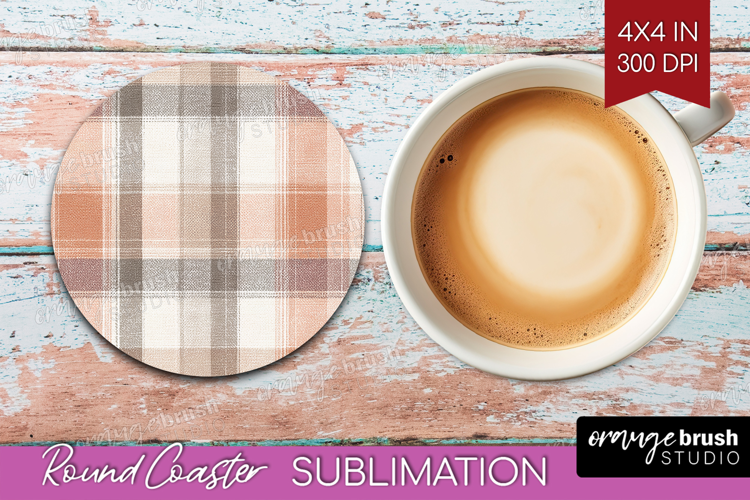Boho Plaid Round Coaster - Beige Tartan Coaster PNG