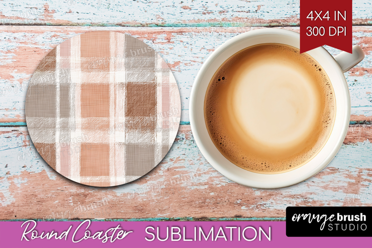 Boho Plaid Round Coaster - Beige Tartan Coaster PNG