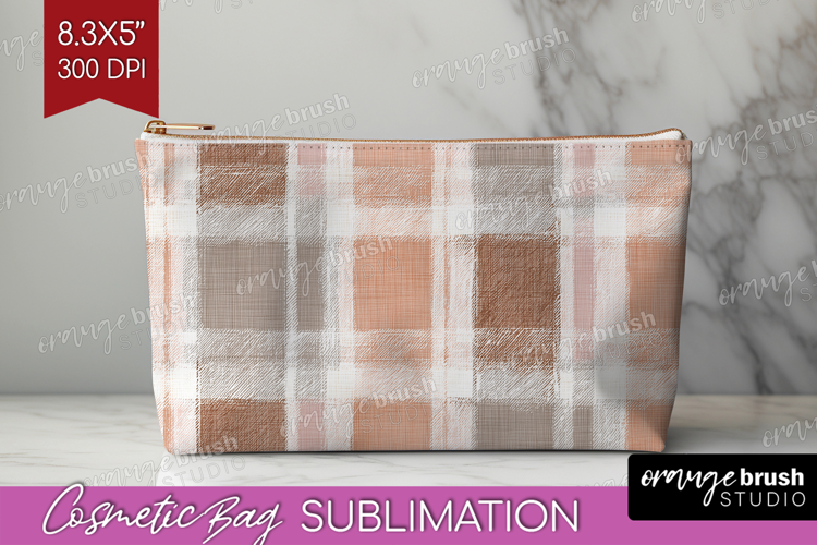 Boho Plaid Cosmetic Bag - Beige Tartan Makeup Bag PNG