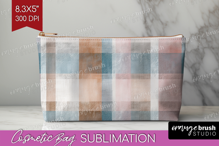 Boho Plaid Cosmetic Bag - Beige Tartan Makeup Bag PNG