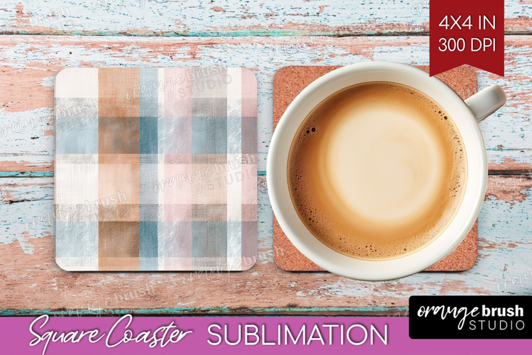 Boho Plaid Square Coaster - Beige Tartan Coaster PNG