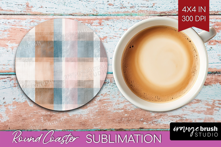 Boho Plaid Round Coaster - Beige Tartan Coaster PNG