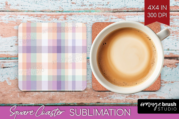 Boho Plaid Square Coaster - Beige Tartan Coaster PNG