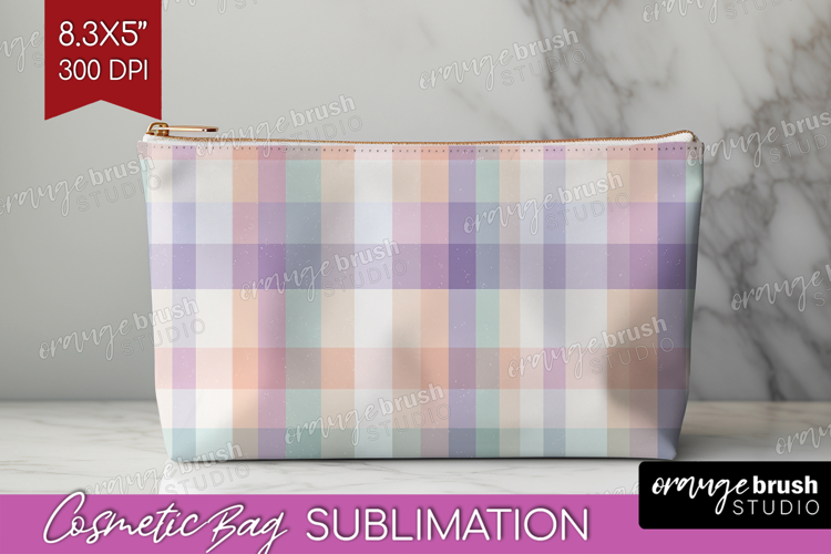 Boho Plaid Cosmetic Bag - Beige Tartan Makeup Bag PNG