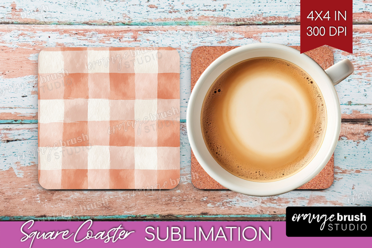 Boho Plaid Square Coaster - Beige Tartan Coaster PNG