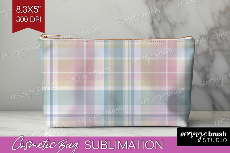 Boho Plaid Cosmetic Bag - Beige Tartan Makeup Bag PNG
