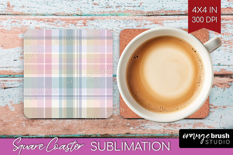 Boho Plaid Square Coaster - Beige Tartan Coaster PNG