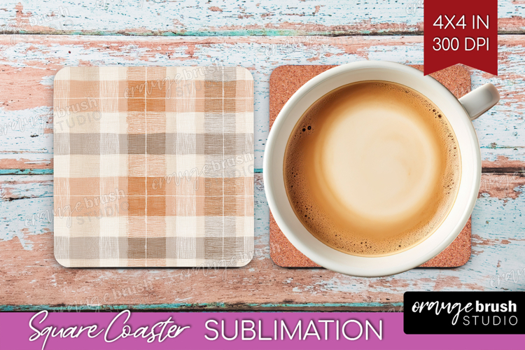 Boho Plaid Square Coaster - Beige Tartan Coaster PNG