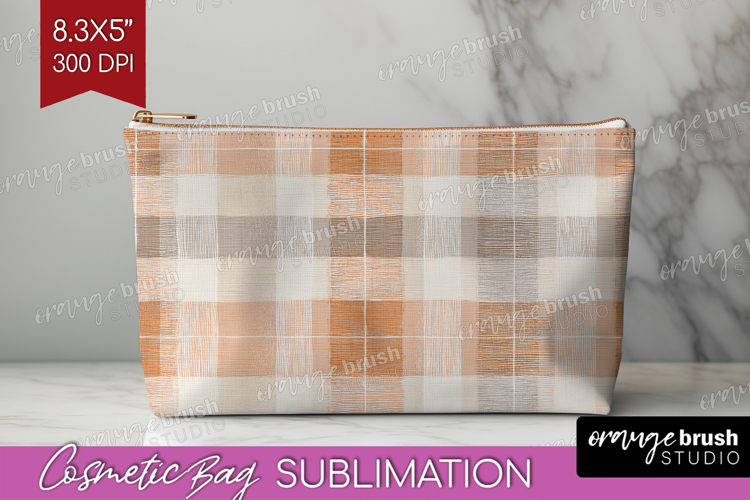 Boho Plaid Cosmetic Bag - Beige Tartan Makeup Bag PNG example image 1