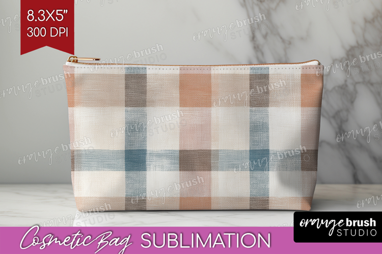 Boho Plaid Cosmetic Bag - Beige Tartan Makeup Bag PNG
