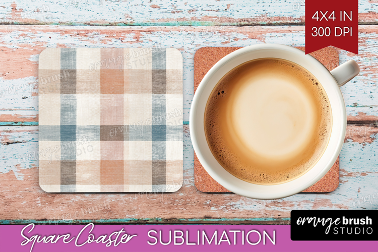 Boho Plaid Square Coaster - Beige Tartan Coaster PNG