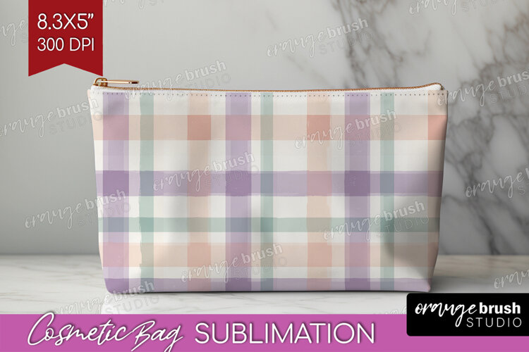 Boho Plaid Cosmetic Bag - Beige Tartan Makeup Bag PNG example image 1