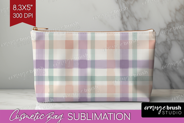 Boho Plaid Cosmetic Bag - Beige Tartan Makeup Bag PNG