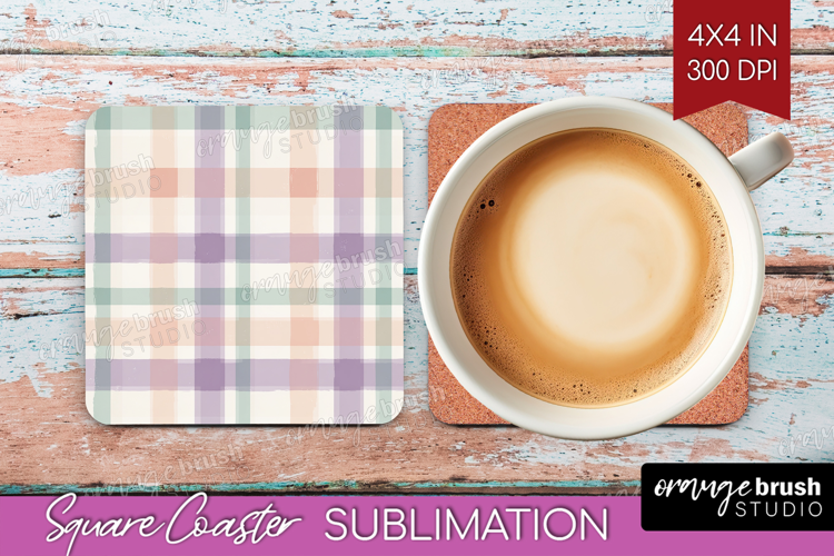 Boho Plaid Square Coaster - Beige Tartan Coaster PNG