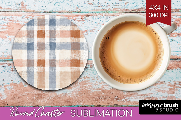 Boho Plaid Round Coaster - Beige Tartan Coaster PNG