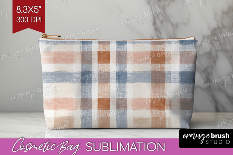 Boho Plaid Cosmetic Bag - Beige Tartan Makeup Bag PNG