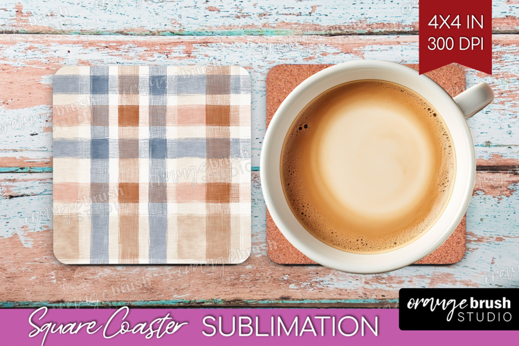 Boho Plaid Square Coaster - Beige Tartan Coaster PNG