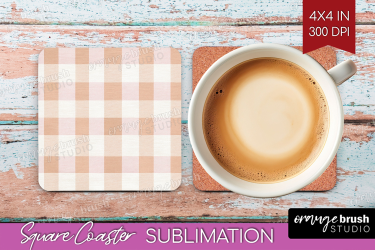 Boho Plaid Square Coaster - Beige Tartan Coaster PNG
