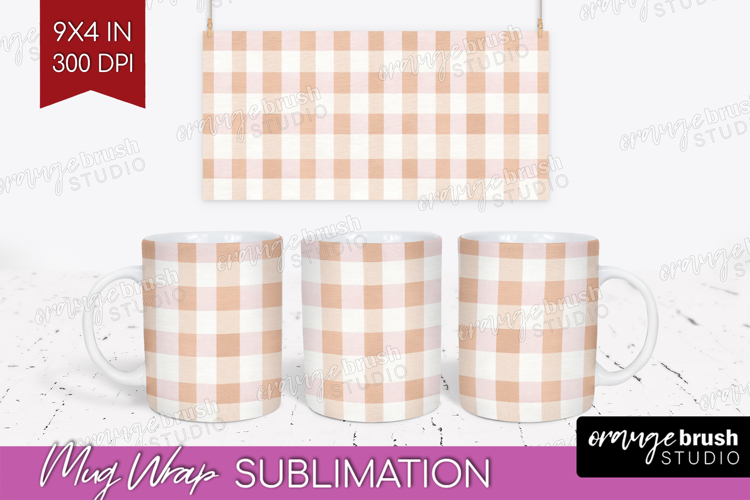 Boho Plaid Mug Wrap - Beige Tartan Mug PNG Sublimation