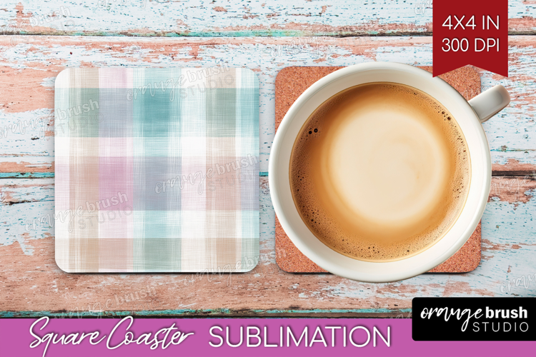Boho Plaid Square Coaster - Beige Tartan Coaster PNG
