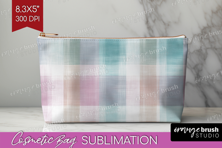 Boho Plaid Cosmetic Bag - Beige Tartan Makeup Bag PNG