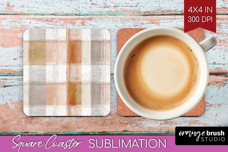 Boho Plaid Square Coaster - Beige Tartan Coaster PNG