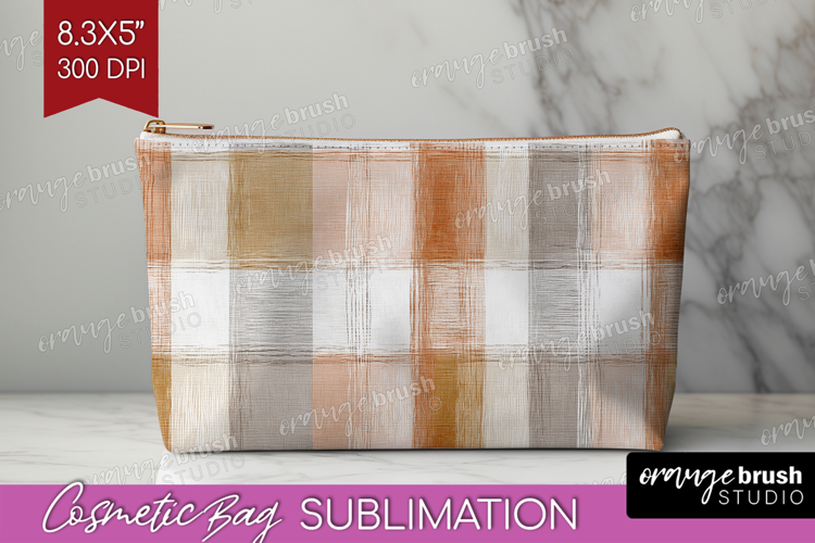 Boho Plaid Cosmetic Bag - Beige Tartan Makeup Bag PNG