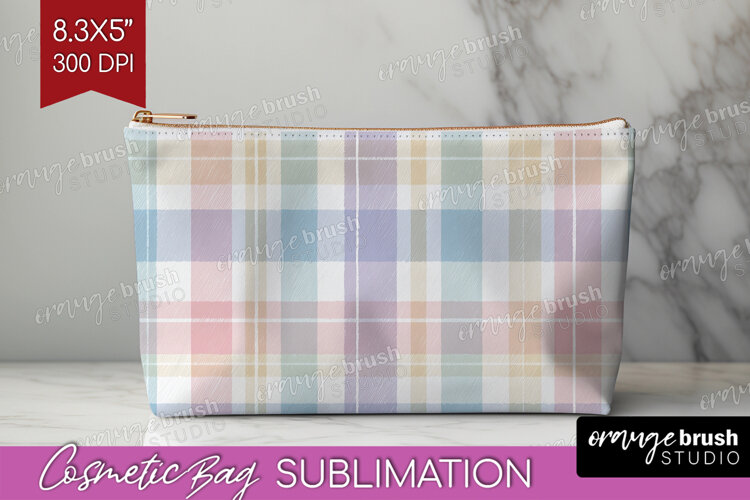 Boho Plaid Cosmetic Bag - Beige Tartan Makeup Bag PNG example image 1