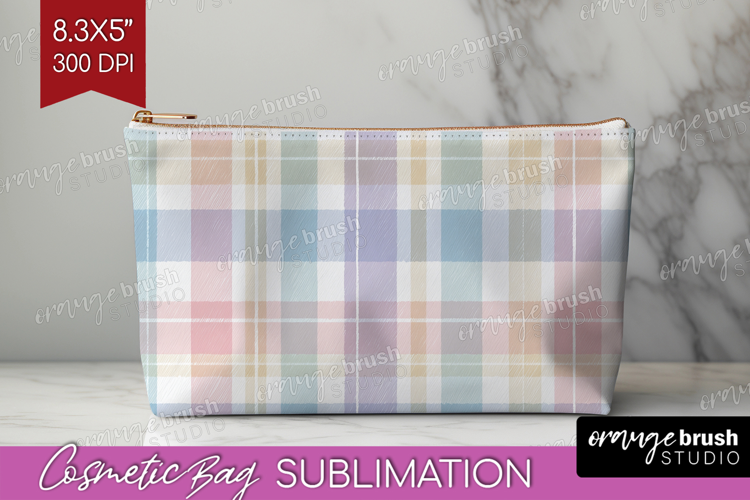 Boho Plaid Cosmetic Bag - Beige Tartan Makeup Bag PNG