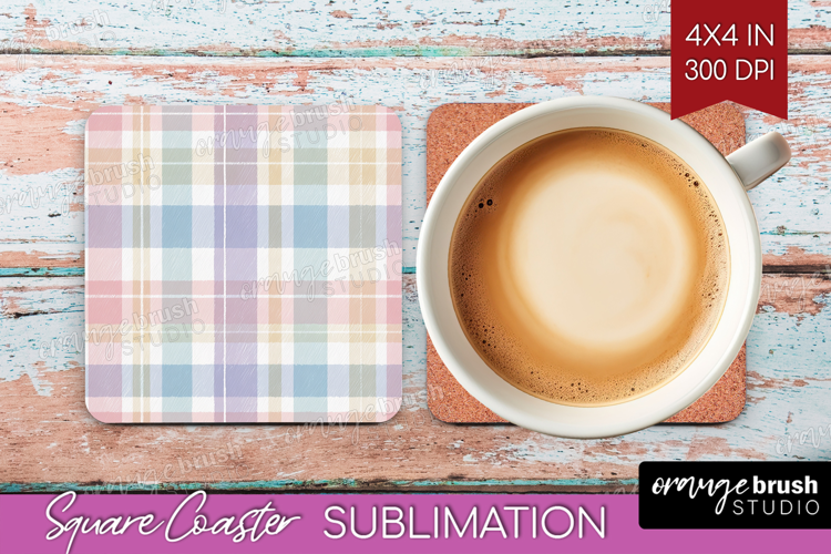 Boho Plaid Square Coaster - Beige Tartan Coaster PNG