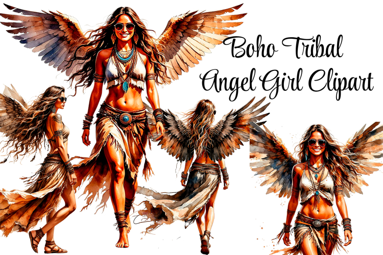 Boho Tribal Angel Girl Clipart Set