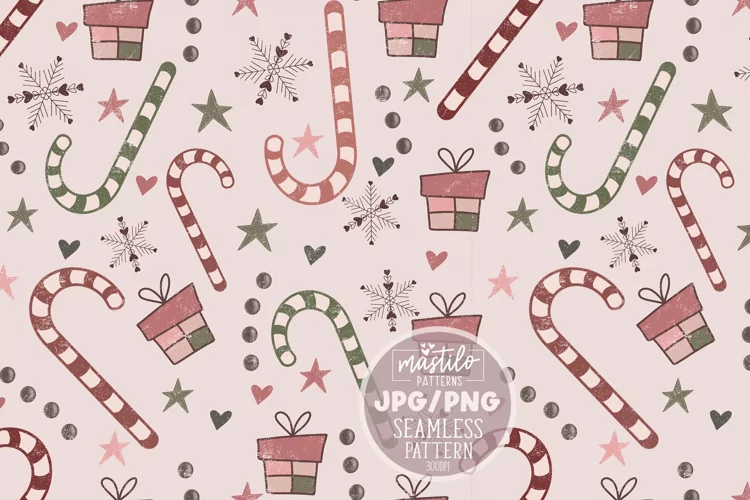 Boho Vintage Retro Candy Cane Christmas Seamless Pattern